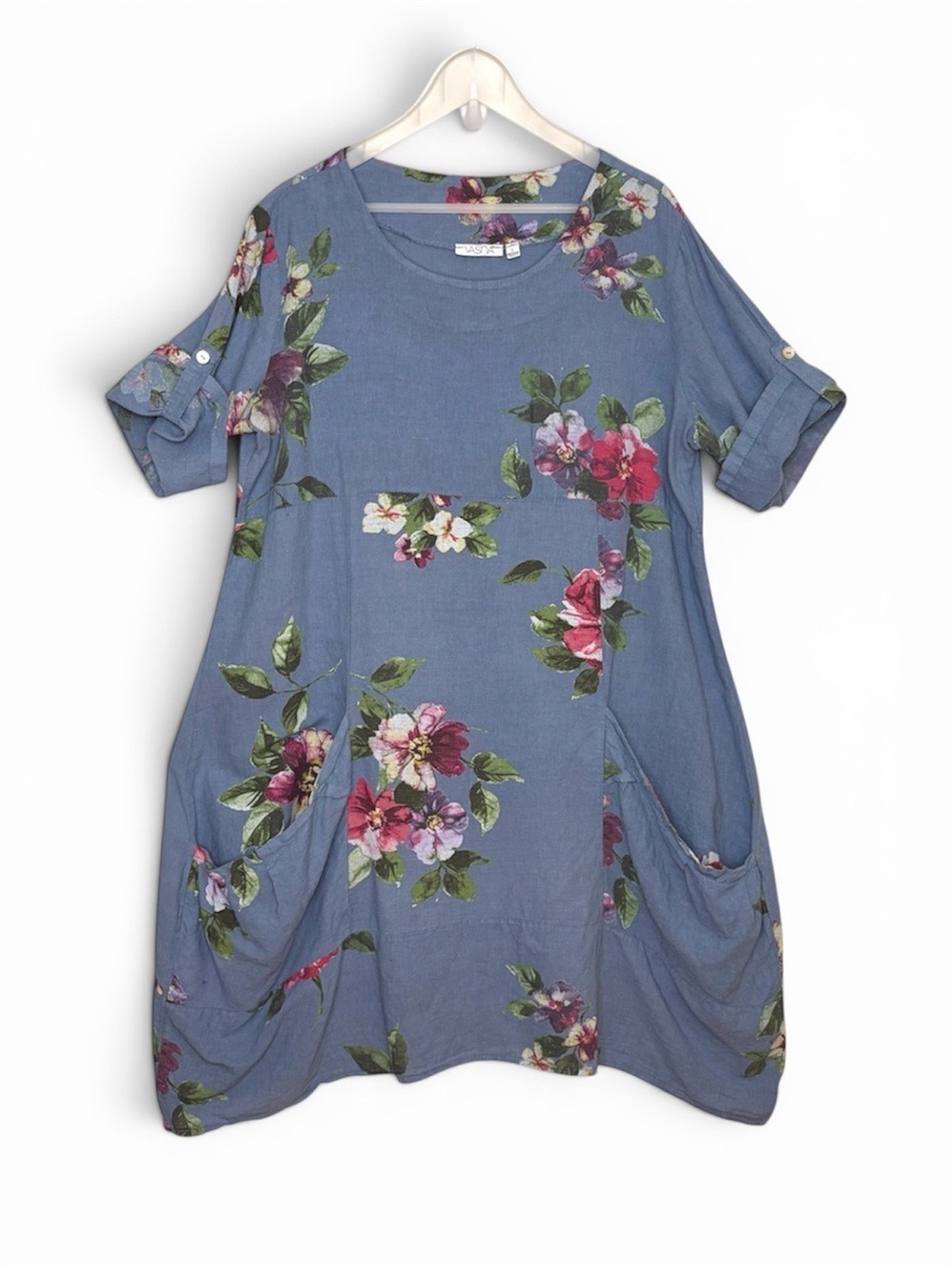 Vasna Made Italy 100% Linen Blue Floral Lagenlook Pocket Dress Size L